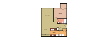 A floor plan of a house with a living room, dining area, kitchen, and bedrooms.
