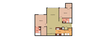 A floor plan of a house with a living room, two bedrooms, a dining area, a kitchen, and two bathrooms.