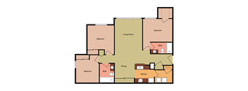 A floor plan of a house with a living room, two bedrooms, a kitchen, and a dining area.