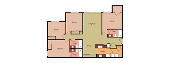 A floor plan of a house with labeled rooms such as Bedroom, Living Room, Dining, and Kitchen.