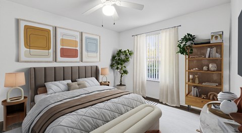 A bedroom with a large bed, a ceiling fan, and a bookshelf.