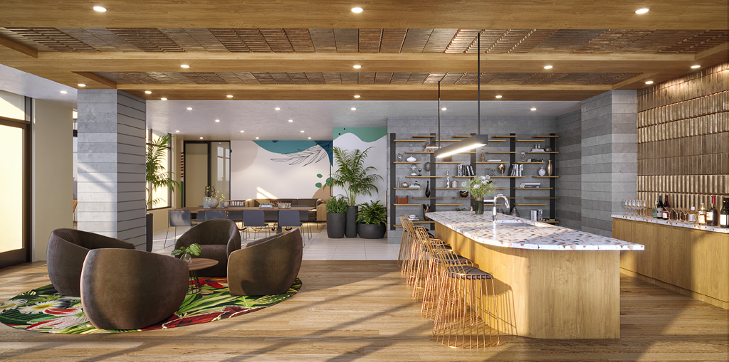 a rendering of the lobby of a hotel with a bar and seating