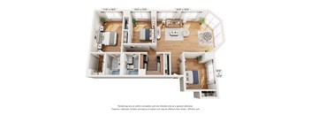 A floor plan of a two-bedroom apartment with a living room, kitchen, and bathroom.