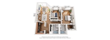 A 3D floor plan of a small apartment with a kitchen, living room, and bedrooms.