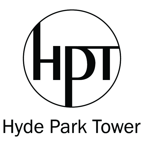 A black and white image of a logo with the words Hyde Park Tower.