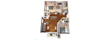 A top-down view of a small apartment with a kitchen, living room, and bedroom.
