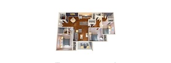 A 3D floor plan of a house showing the layout of the rooms.