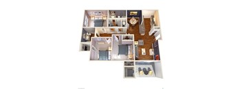A 3D floor plan of a house showing all the rooms and their layouts.