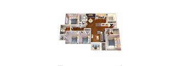 A 3D floor plan of a house with a kitchen, living room, and bedrooms.