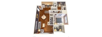 A top-down view of a house layout with a living room, dining room, kitchen, and bedrooms.