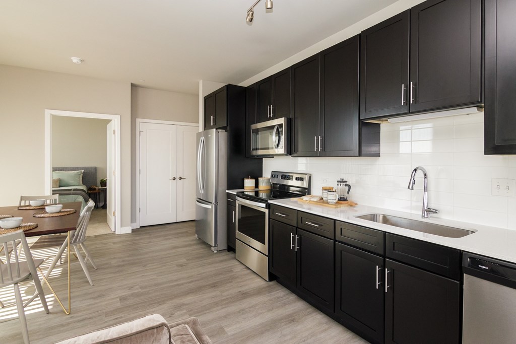 A modern kitchen with black cabinets and stainless steel appliances.