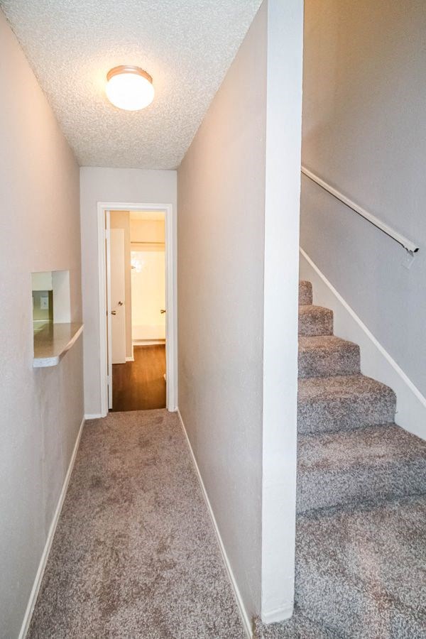 an empty basement with carpeted stairs and a hallway with a white door
