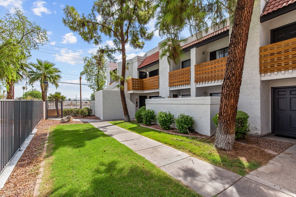 a sidewalk in front of a building with palm trees