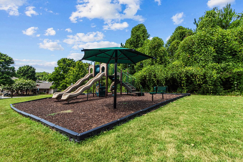 a playground with a slide and umbrella in a park