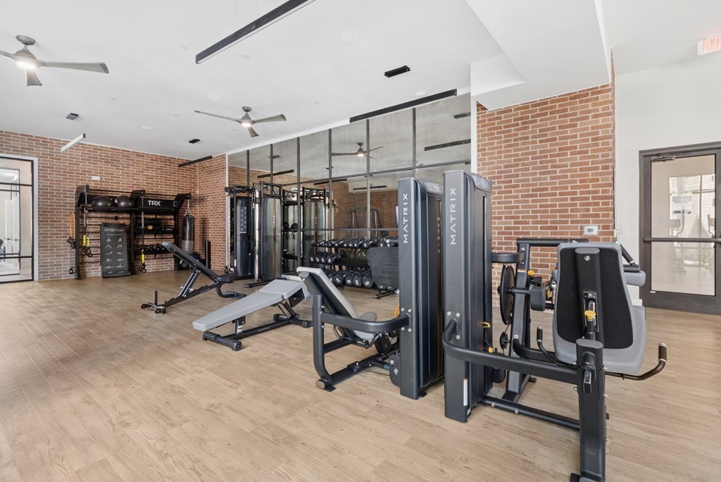 A gym with a variety of equipment including a treadmill, weights, and a bench press.