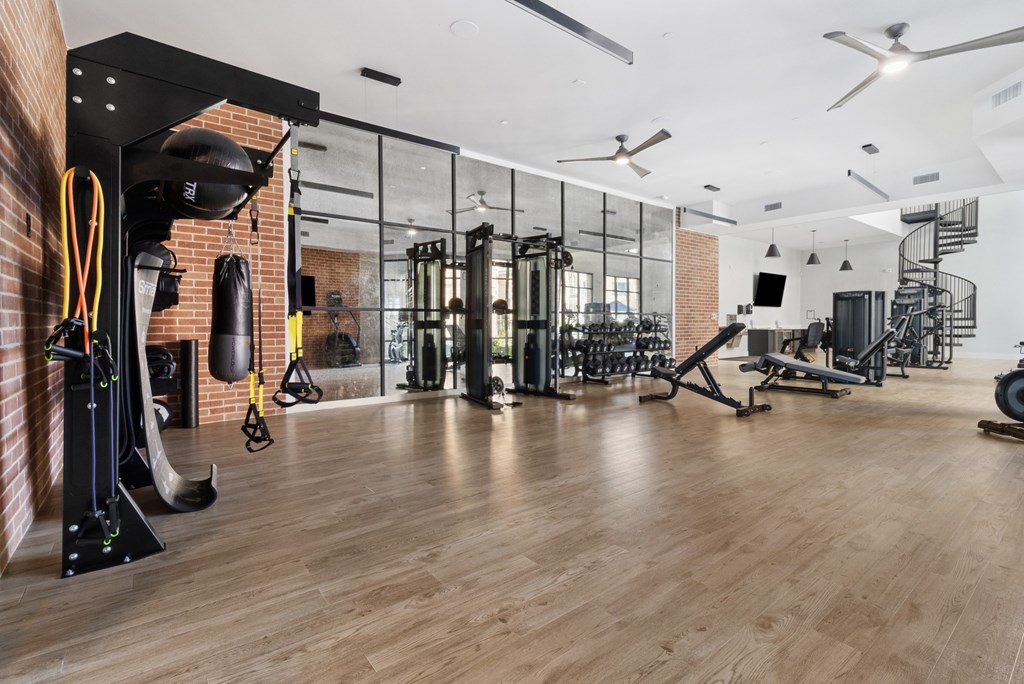 A gym with a variety of equipment including a punching bag, a bench press, and a squat rack.