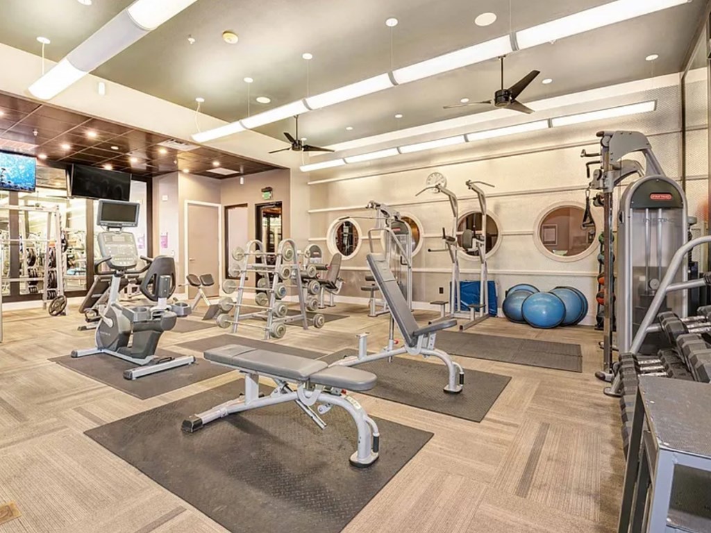 A gym with a variety of equipment including treadmills, weights, and exercise balls.