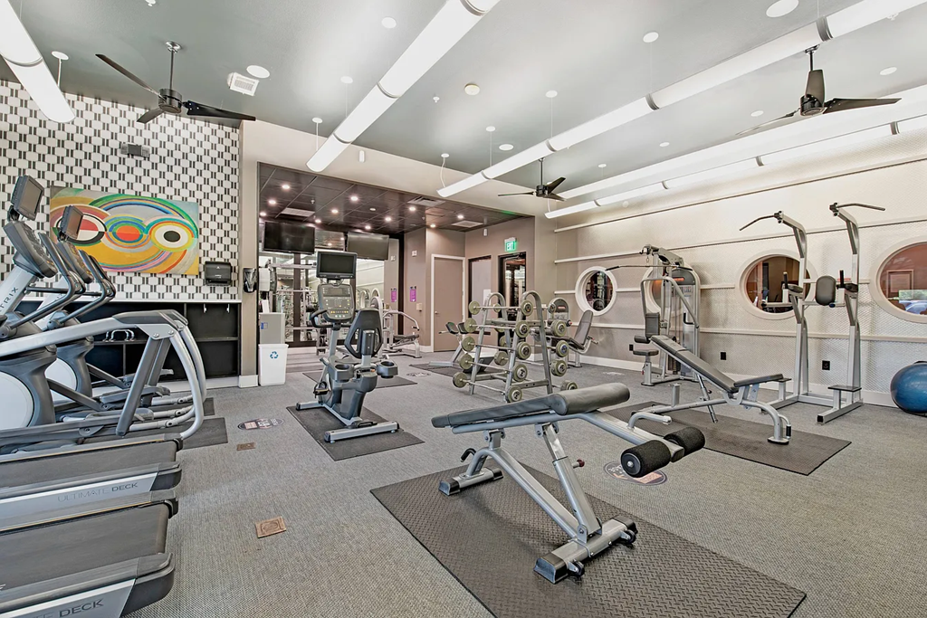 A gym with a variety of equipment including treadmills, weights, and exercise machines.