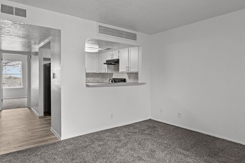 A sparsely furnished living room with a kitchen in the background.