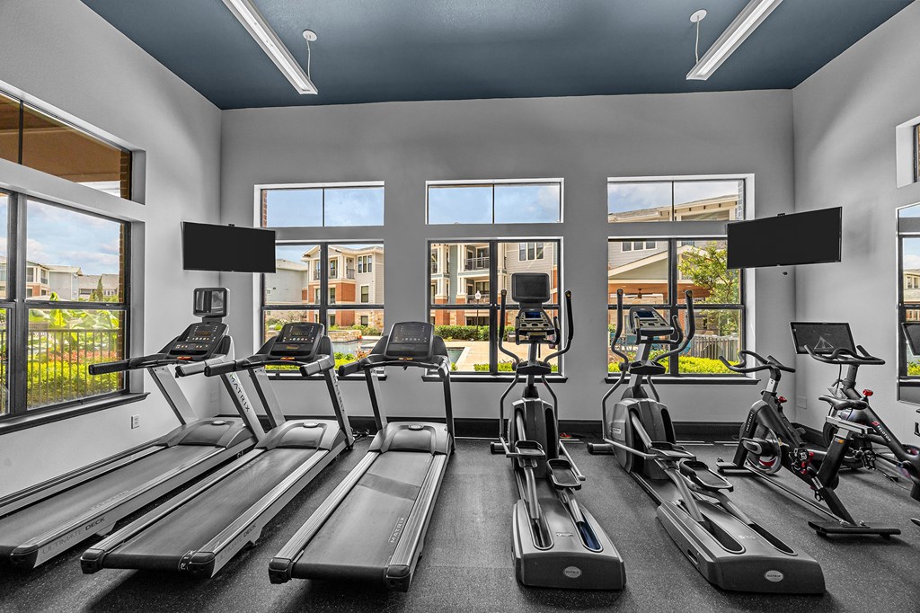 A gym with treadmills, exercise bikes, and a view of the outside.
