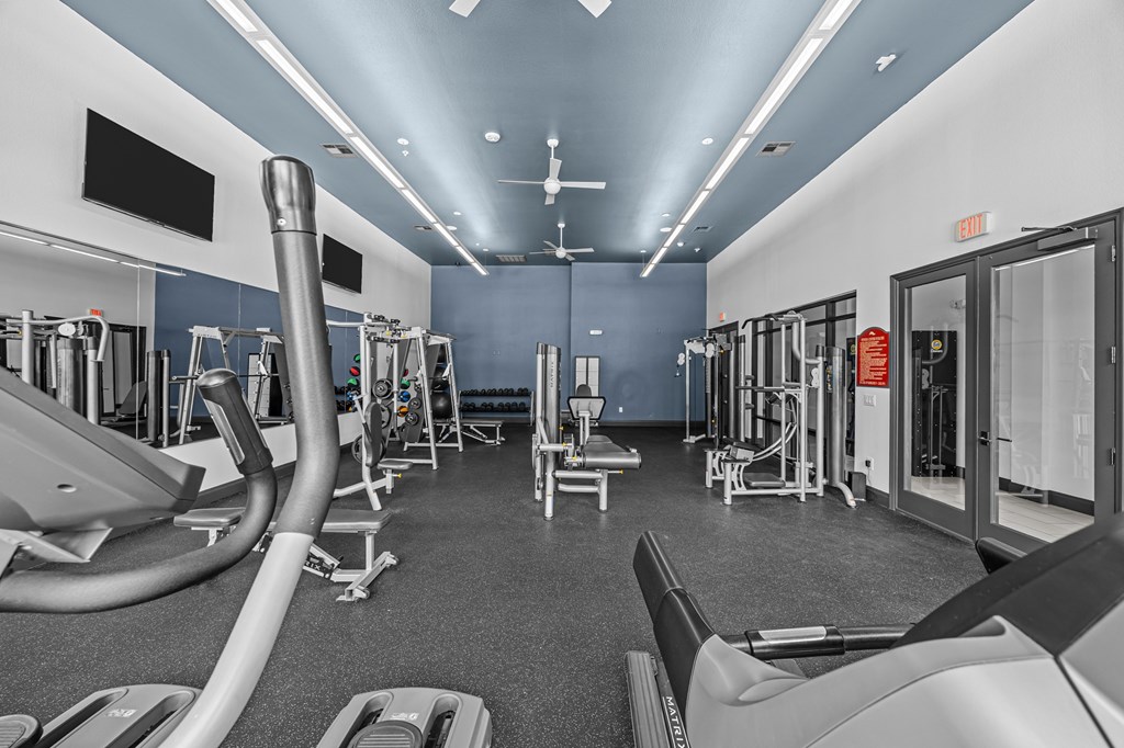 A gym with treadmills, elliptical machines, and other cardio equipment.