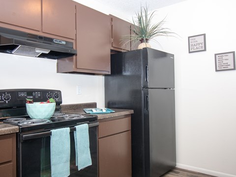 A kitchen with a black refrigerator and a black stove with a bowl on it.