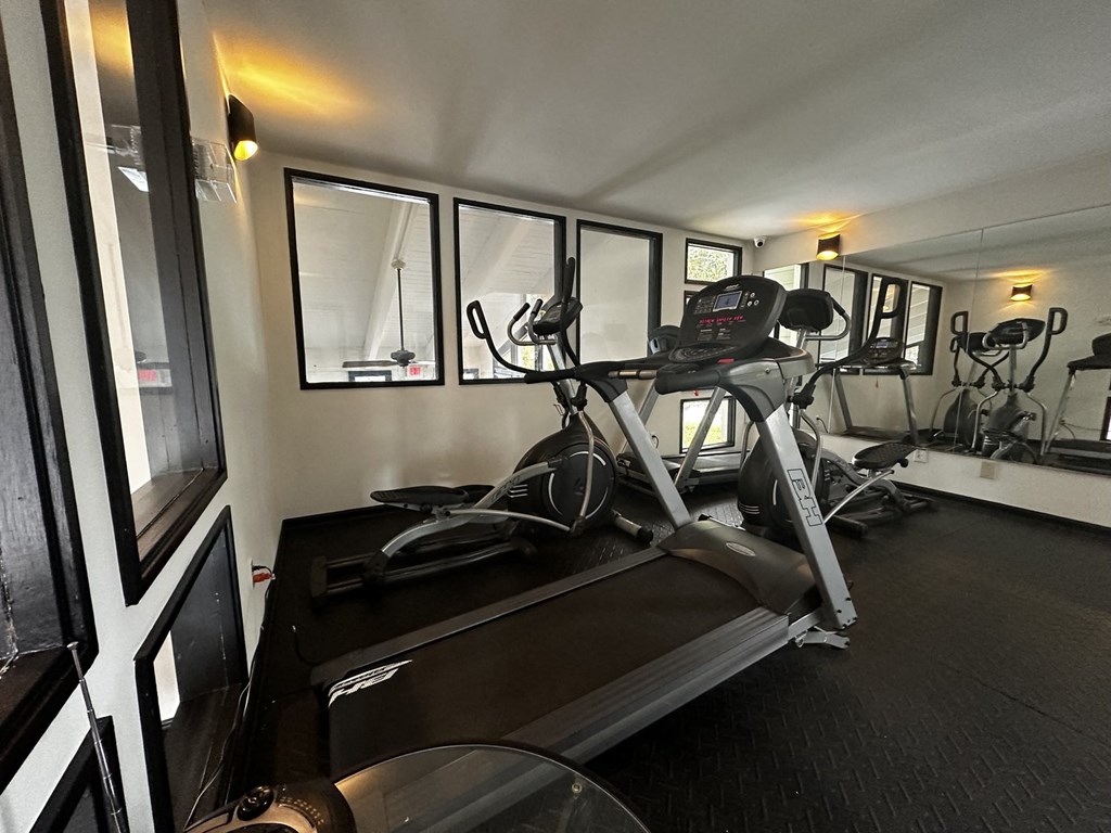 a gym with a treadmill and a workout bike in it