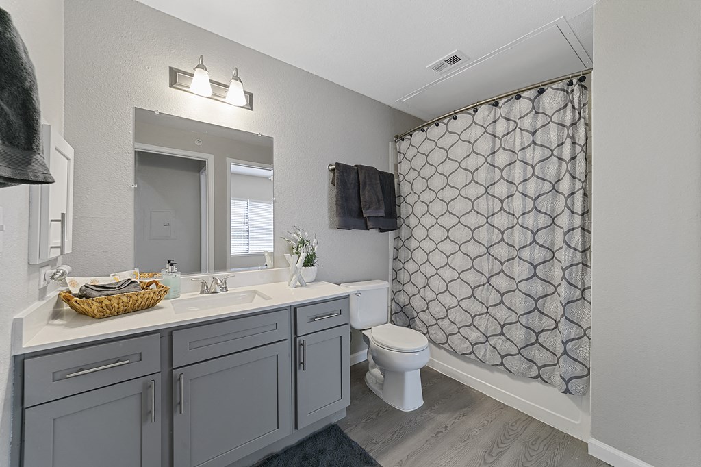 a bathroom with gray cabinets and a gray shower curtain