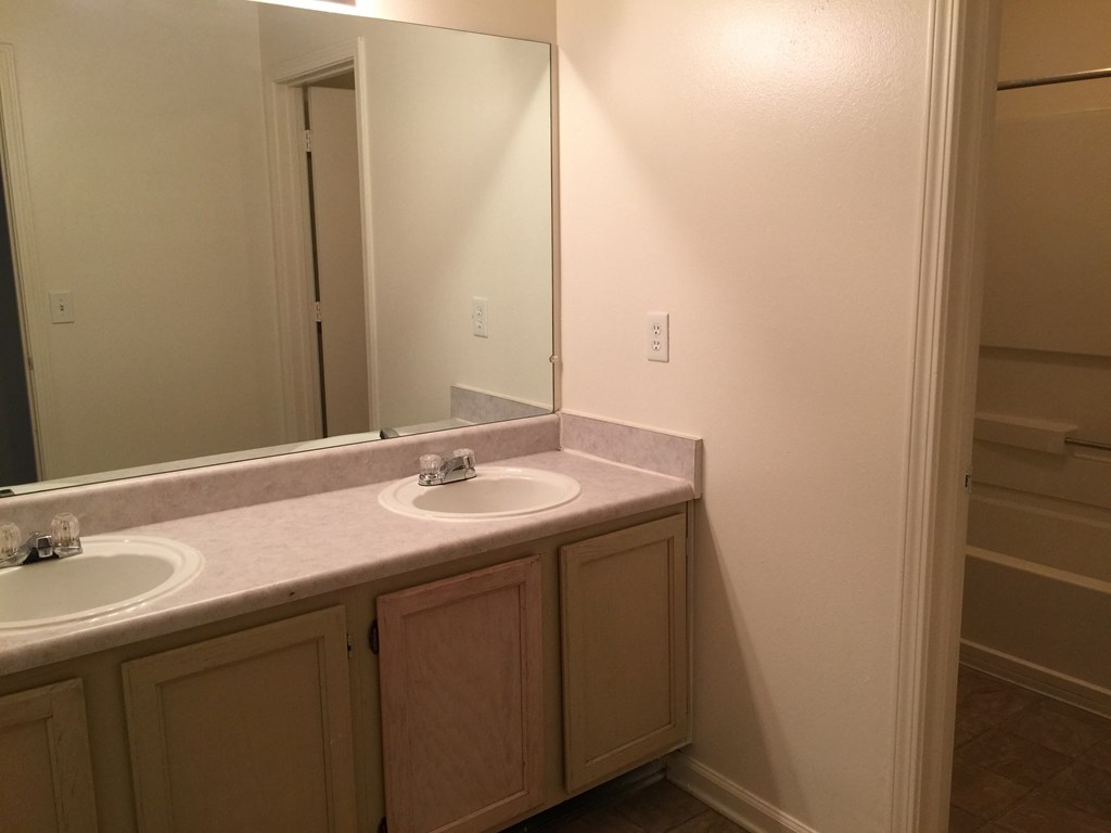 a bathroom with two sinks and a large mirror