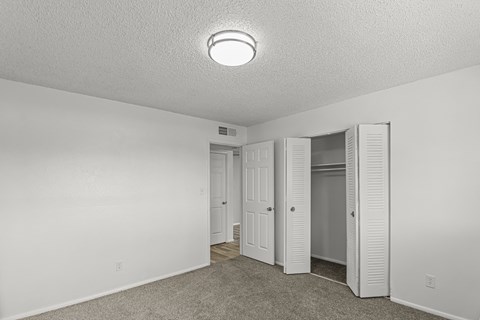 an empty bedroom with a closet and a mirrored closet door