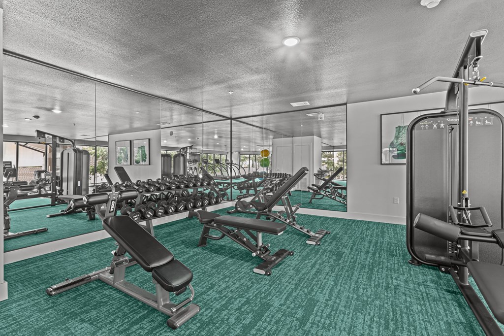 A gym with a variety of equipment including a leg press machine.