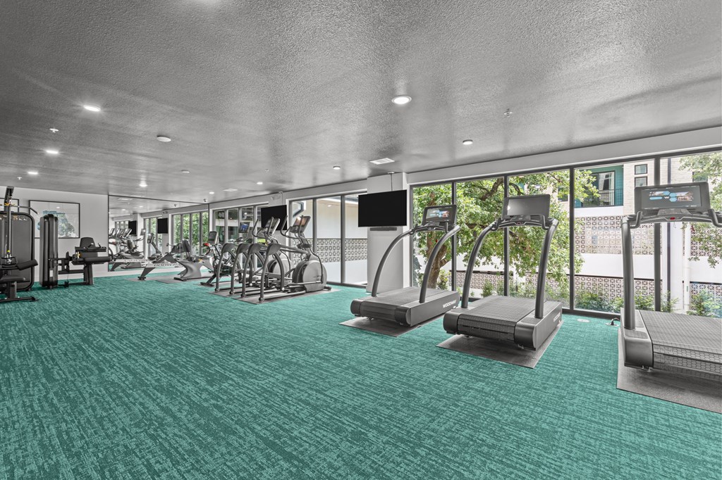 A gym with treadmills and exercise equipment.