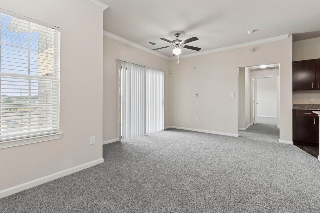 A room with a ceiling fan and carpeted floor.