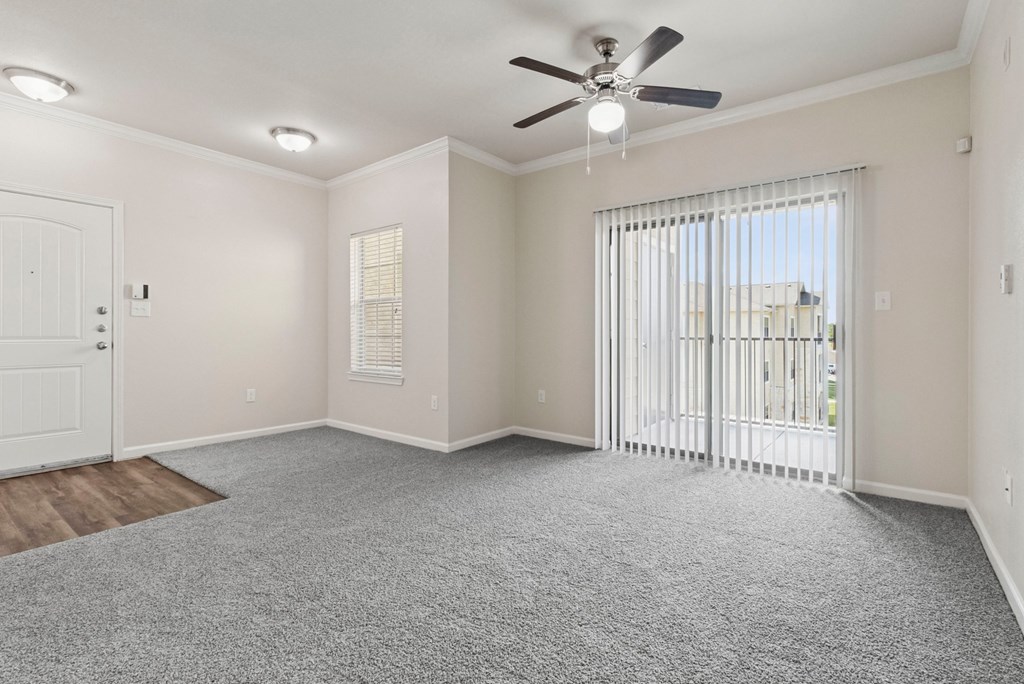 A room with a ceiling fan and carpeted floor.