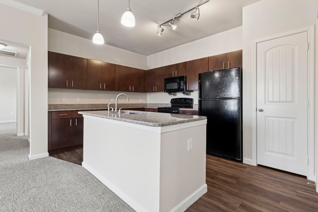 A kitchen with a black fridge and brown cabinets.