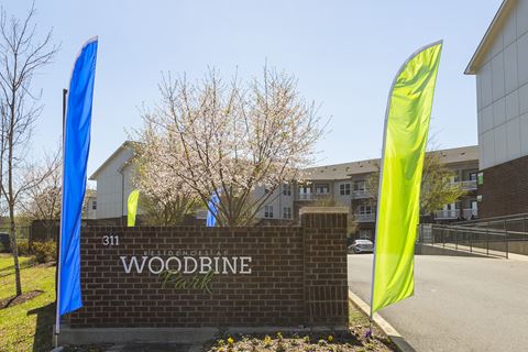 a sign for woodbine park with flags in front of it
