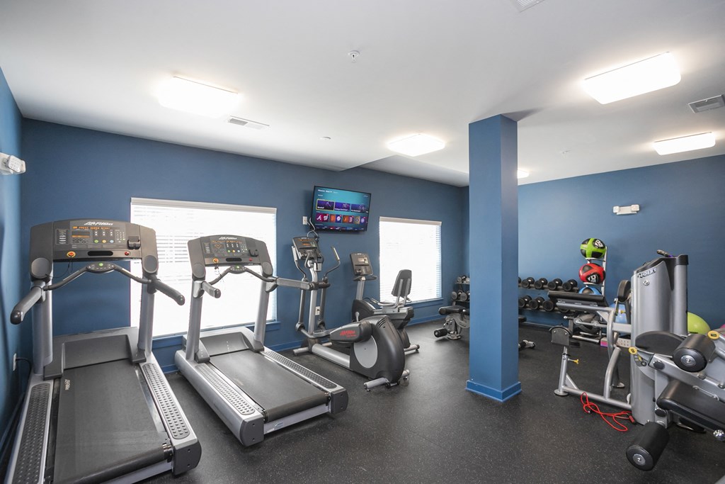 a room filled with cardio equipment and a flat screen tv