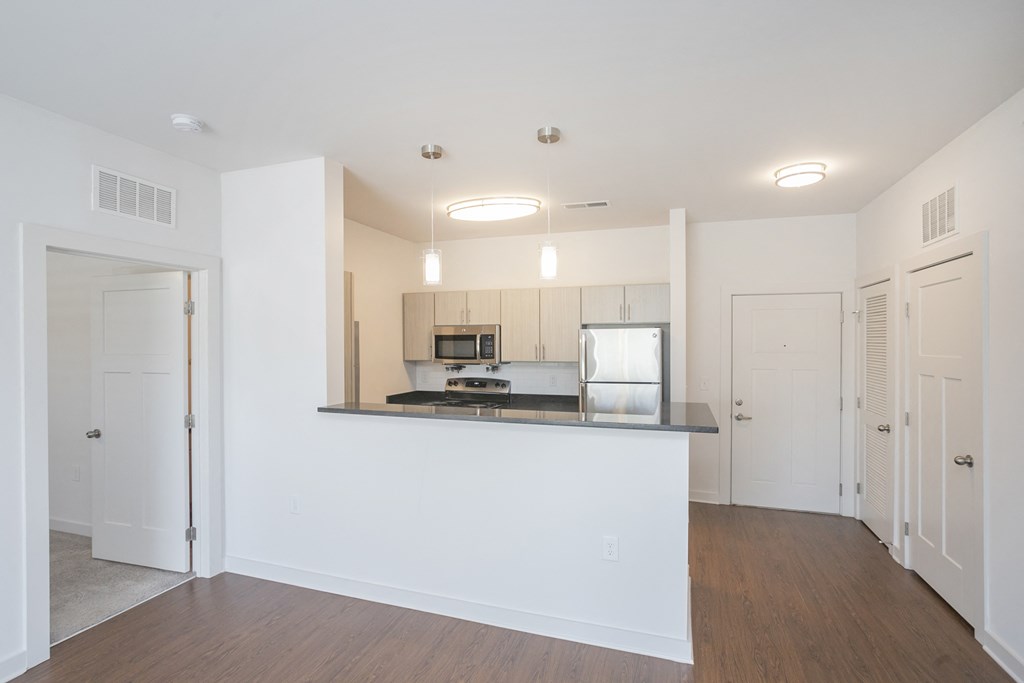 a kitchen and living room