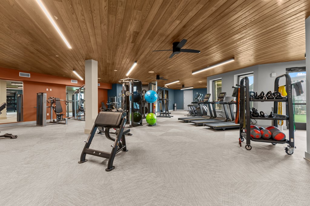 A gym with a variety of equipment including weights and cardio machines.