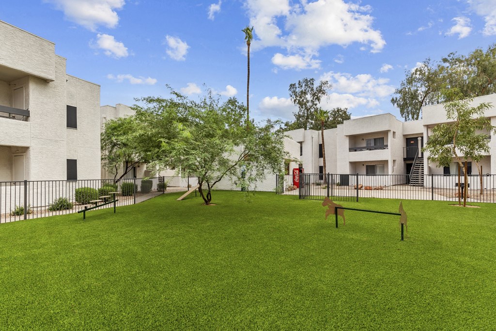 a grassy area with a bench and trees in the middle of a building