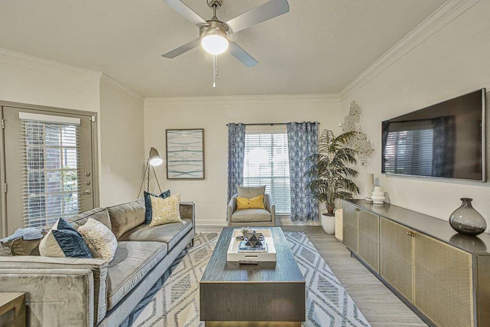 living room with grey sofas