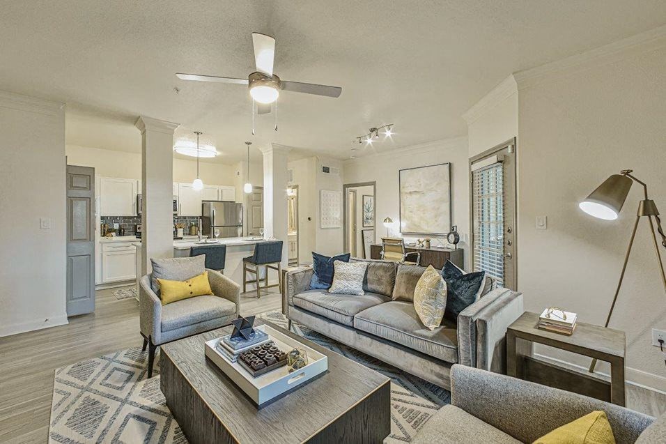 living room with grey sectional