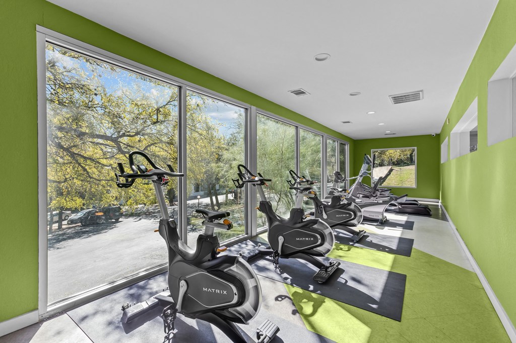 a gym with green walls and windows and exercise bikes