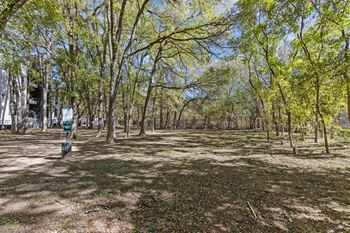 A person is riding a bicycle in a park with trees and grass.