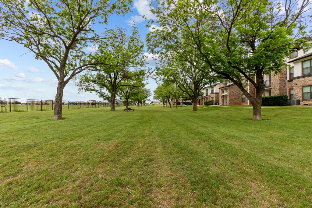A grassy field with trees and apartment buildings in the background.
