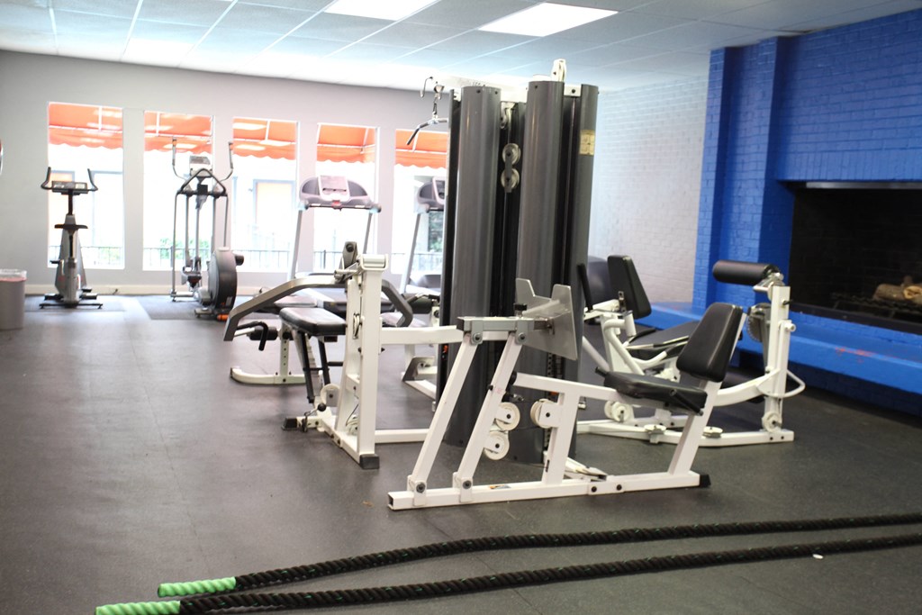 a gym with weights and other equipment in a room with a fireplace