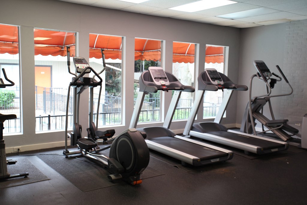 a gym with treadmills and other exercise equipment