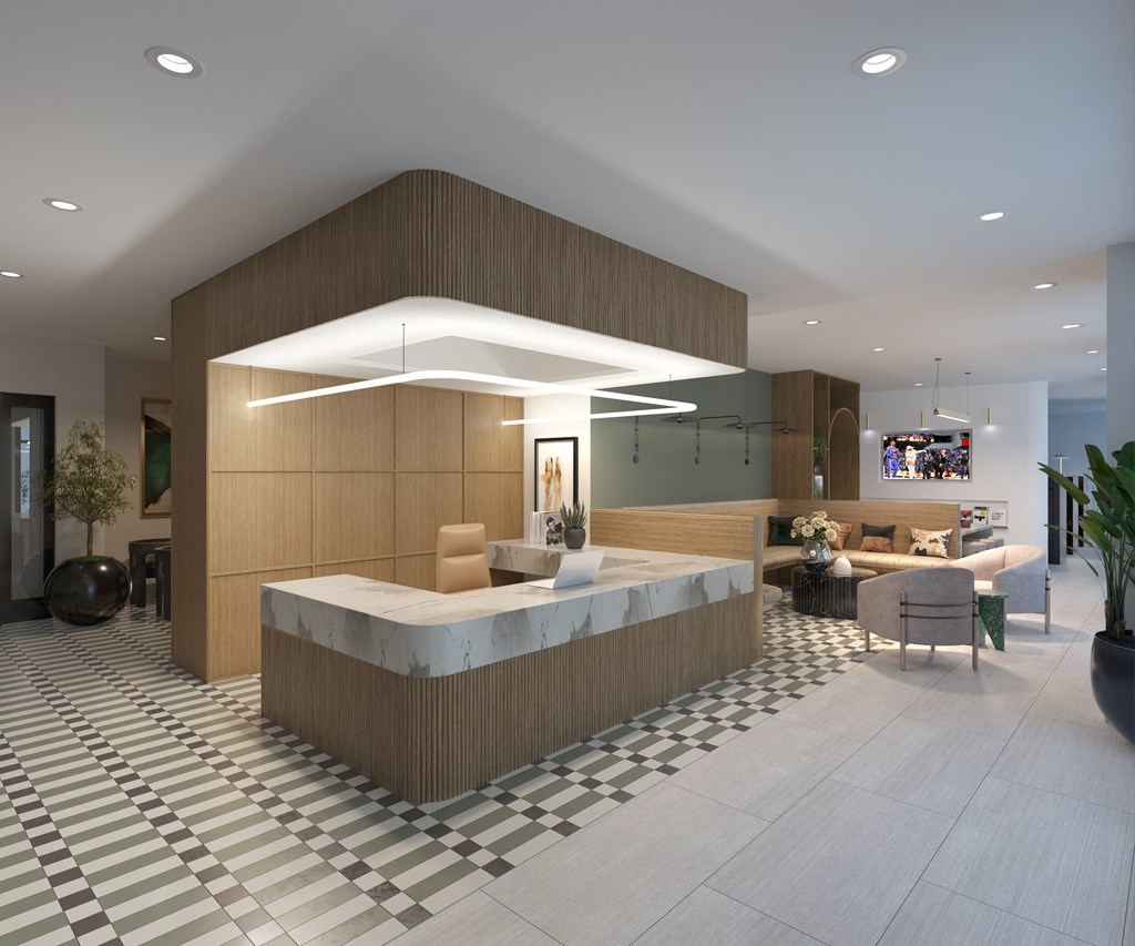 a rendering of the lobby of a hotel with a reception desk