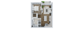 a bedroom floor plan with a bathroom and a living room