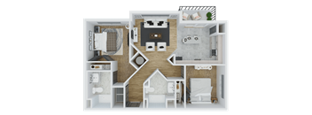 a 3d floor plan of a bedroom with a bathroom and a living room